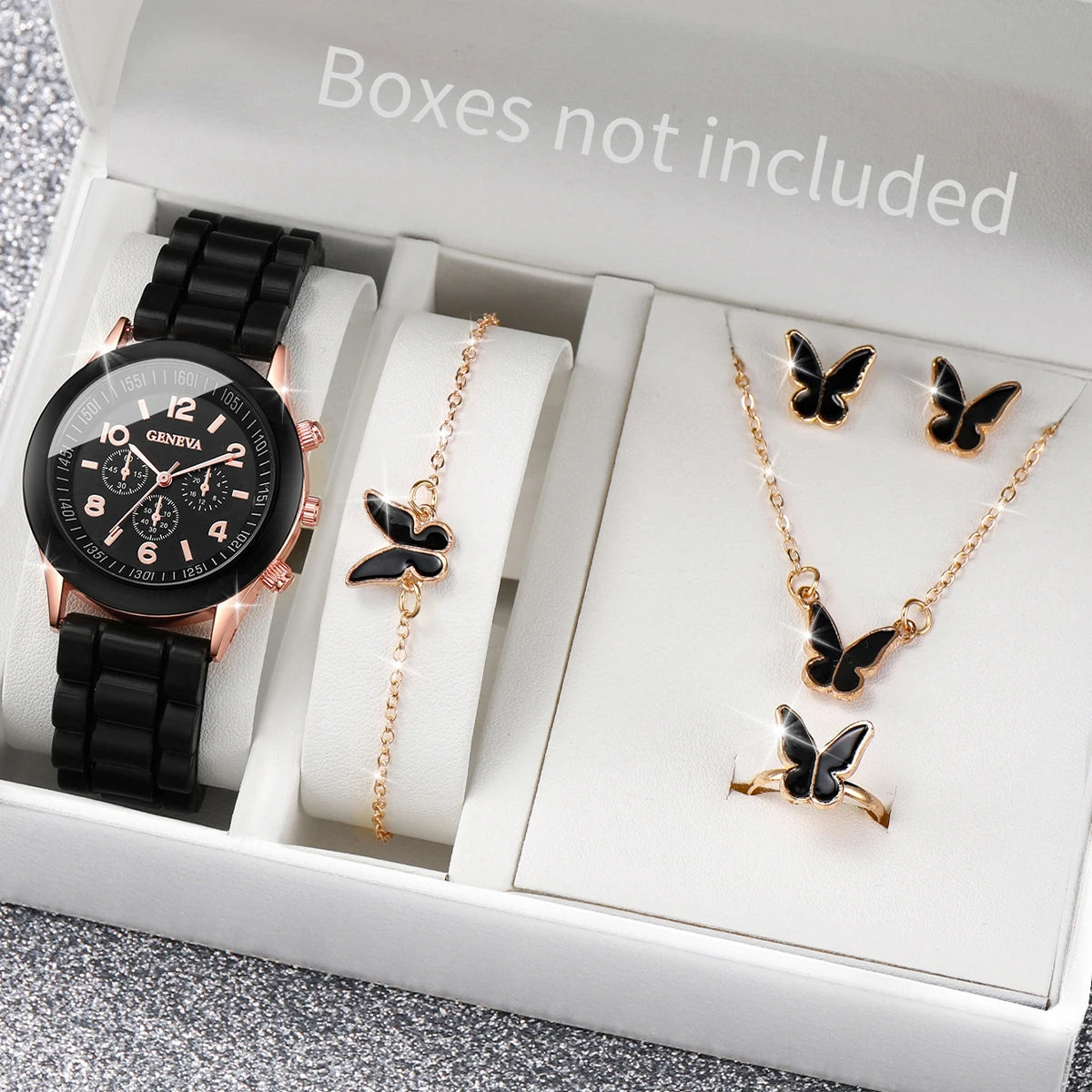 5/6PCS Women Watches Fashion Arabic Dial Silicone Band Quartz Watch Reloj Mujer Girls Clock Gift Jewelry Set（Without Box）