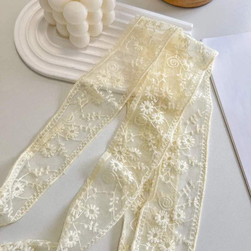 Women's Gentle Parent-Child Daisy Lace Pendant Hair Band Multi-Functional Scarf Silk Scarf Belt Long Thin Narrow Ribbon