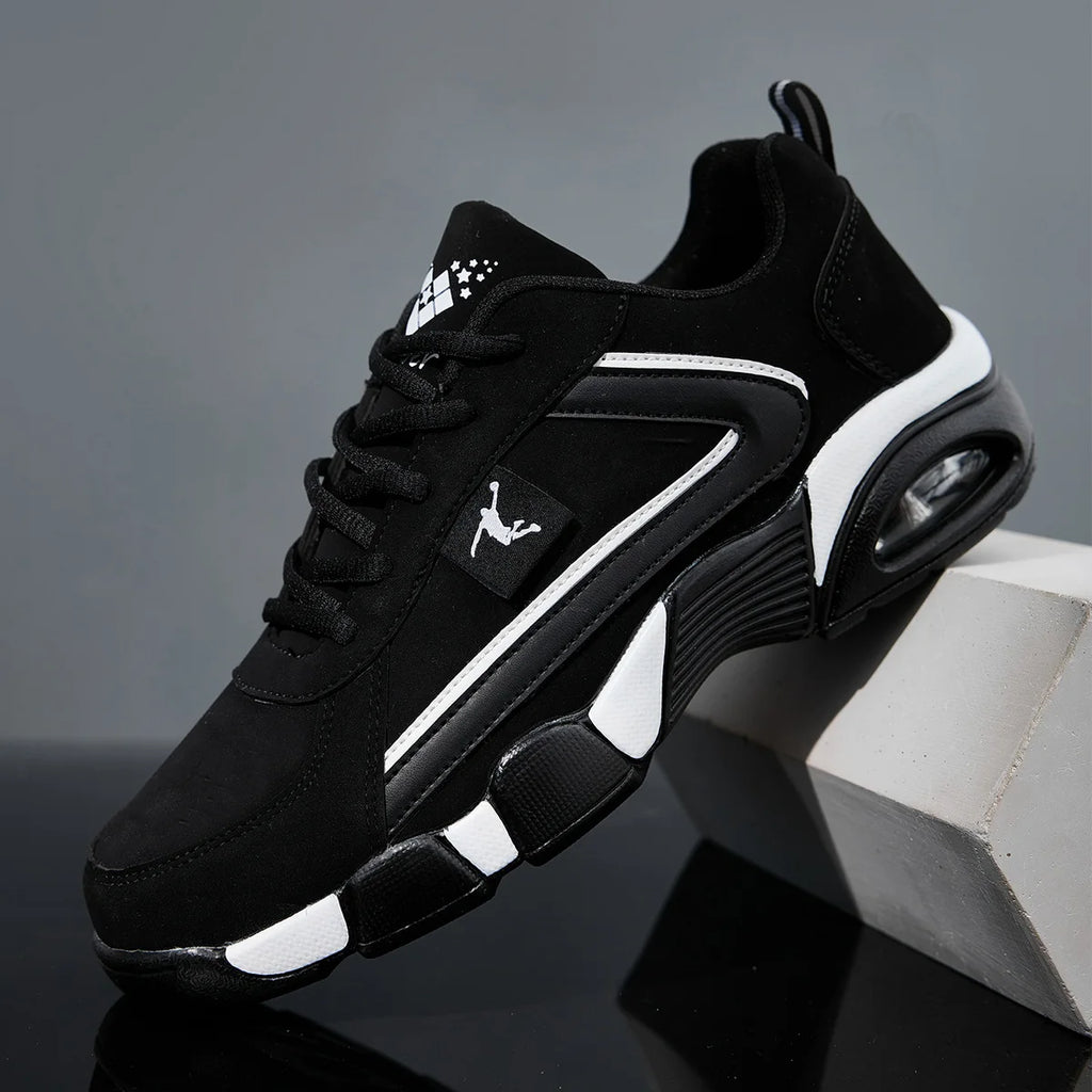 ZERJER Men's Air Cushion Casual Sports Shoes Breathable mesh & PU upper, geometric pattern design, lace-up closure, black and wh
