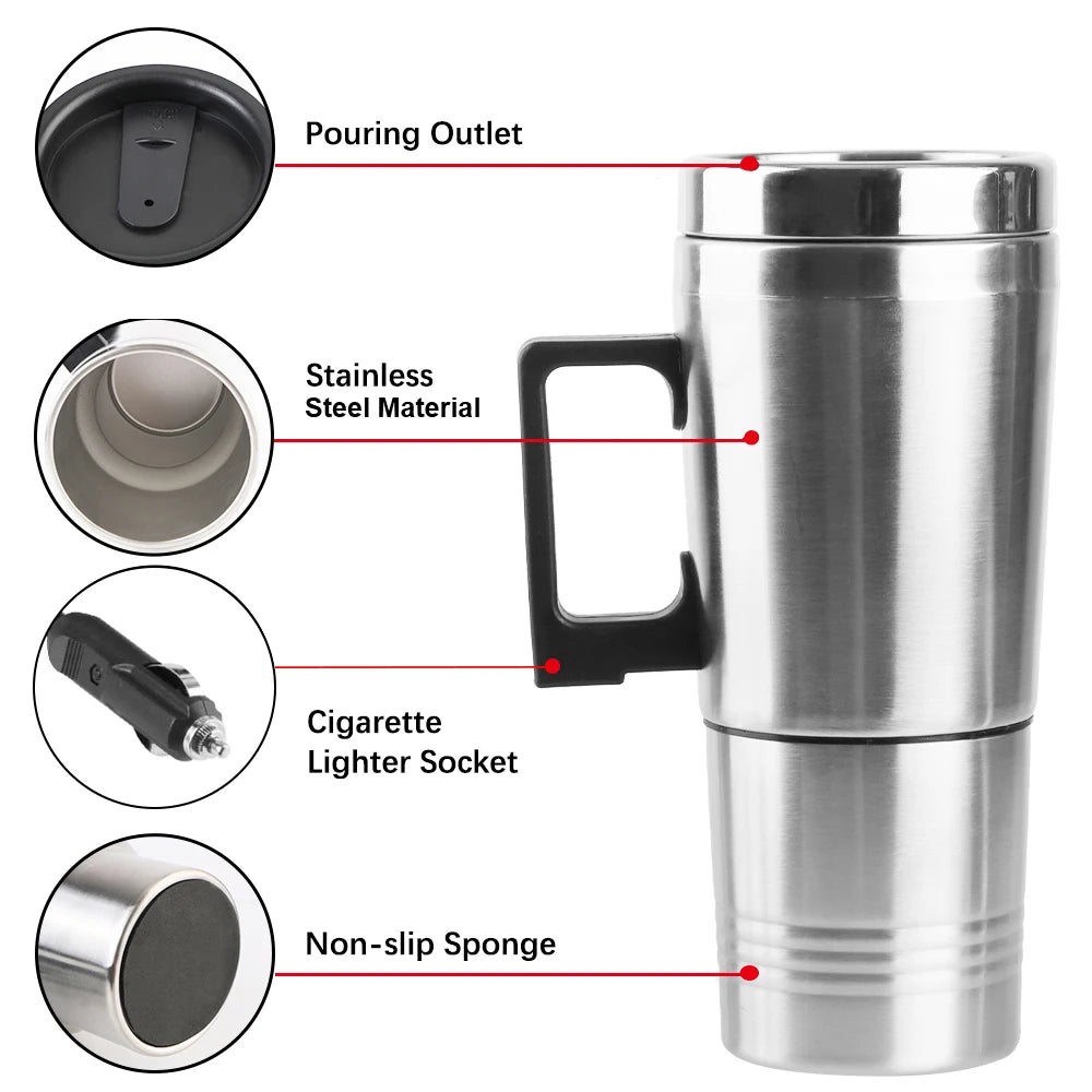 Car Electric Heating Cup Stainless Steel Camping Travel Kettle Vehicle Heating Cup Water Coffee Milk Thermal Mug 12V 450ml/300ml