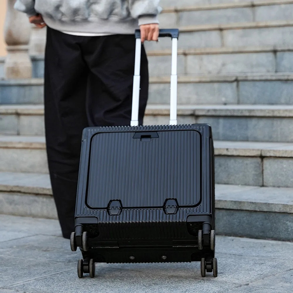 Suitcase Front Opening Pocket Aluminum Alloy Frame Rolling Luggage 18" Carry On Boarding Travel Trolley Bags with Spinner Wheel