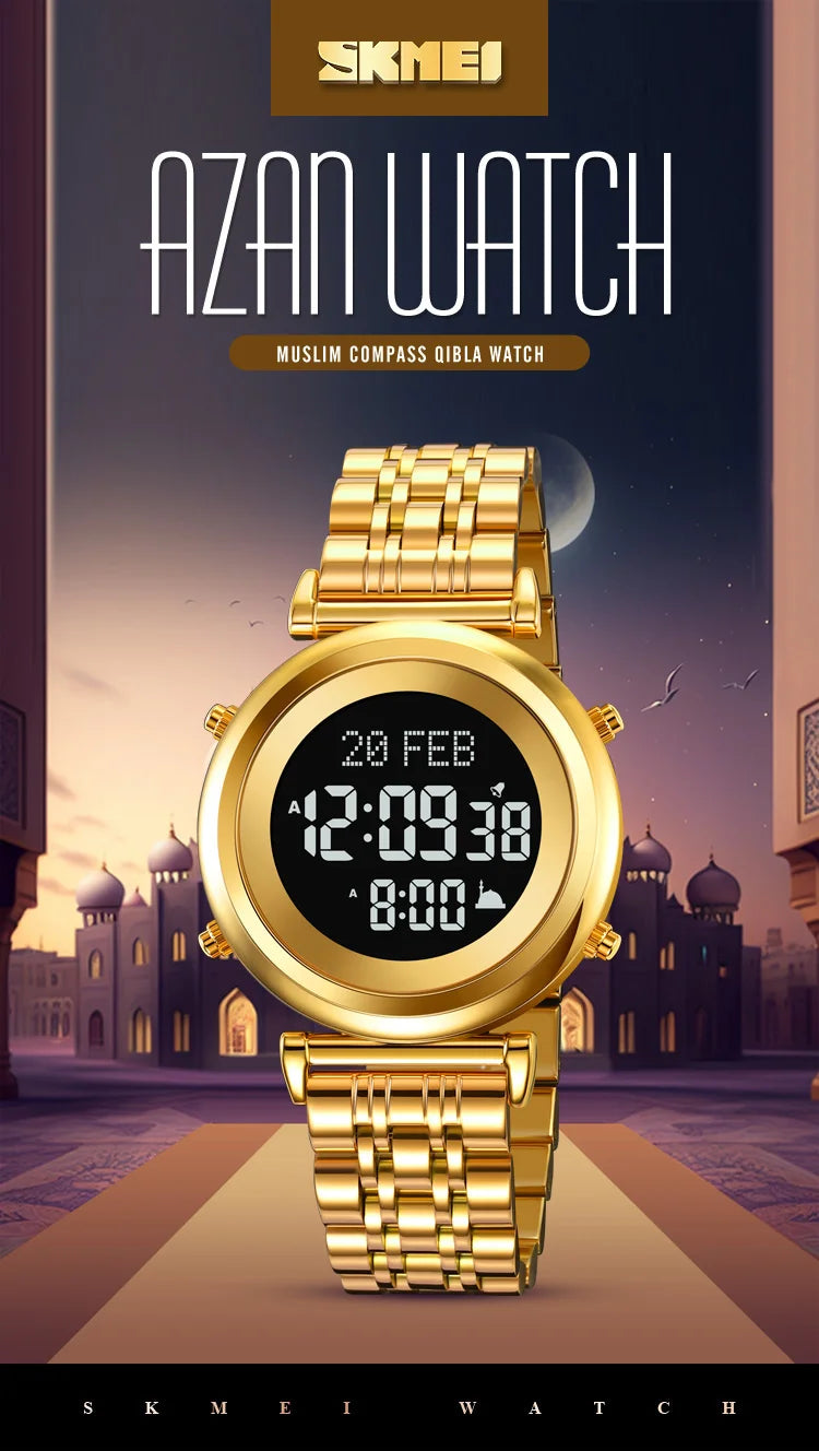 SKMEI 2139 Digital Watch Steel Muslim Azan Mens Back Light Waterproof Hijri Islamic Wristwatch Prayer Qibla Compass Alarm Clock