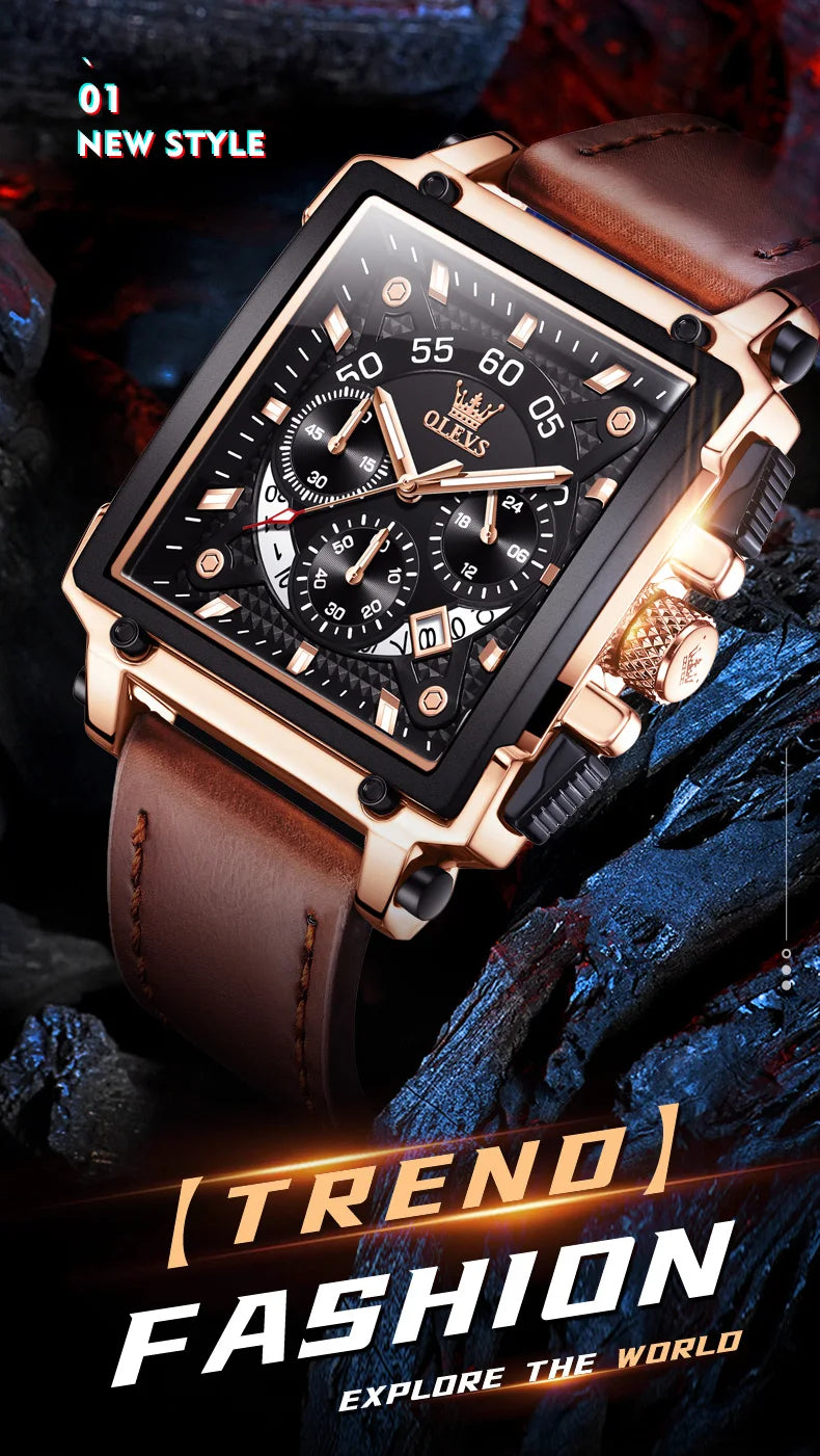 OLEVS Top Brand Male Watches Square Quartz Watch Watch For Men Waterproof Leather Strap Sport Clock Male Relogio Masculino