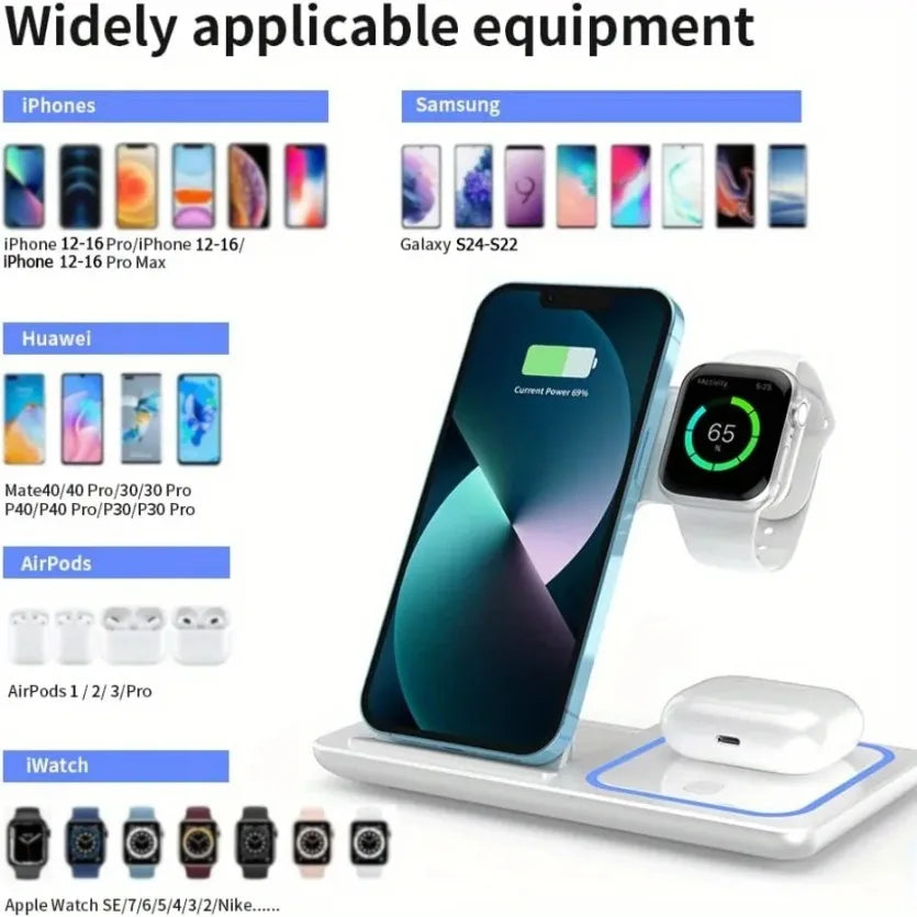Foldable 3 in 1 Wireless Charging Station for iPhone 17-12 Pro Max, iWatch Ultra, AirPods Pro 4/3 – 15W Fast Charger Stand