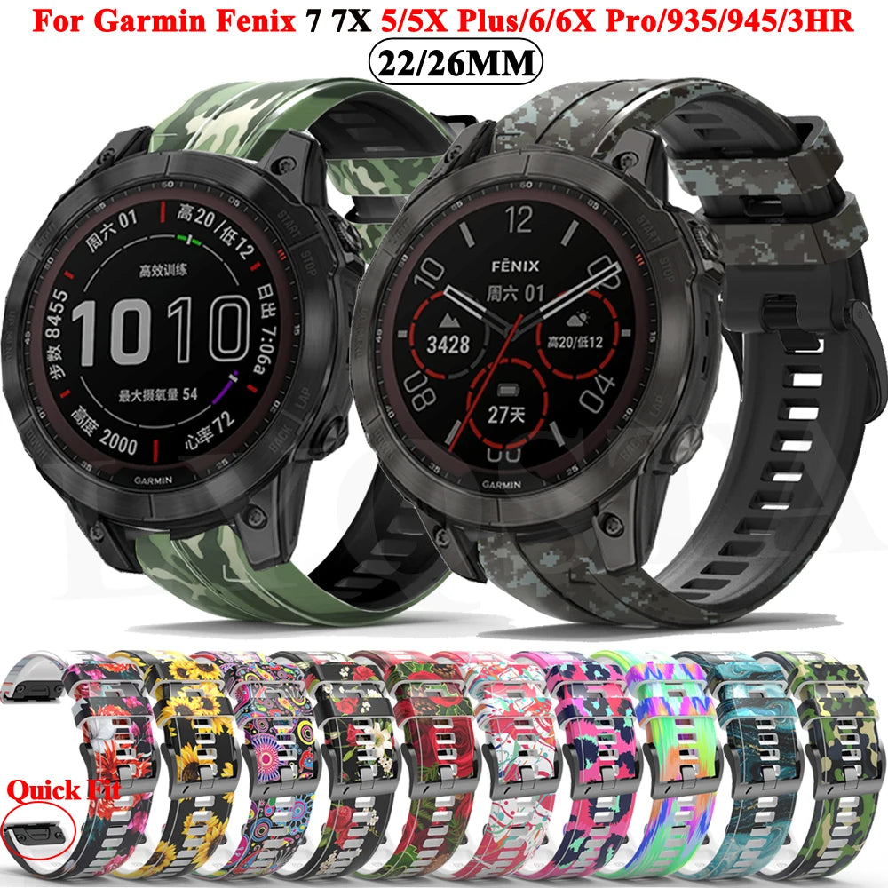 22mm 26mm Wrist Band Strap for Garmin Fenix 8 7X 7 6X 6XPro 6 5X 5 3HR SmartWatch Printed Sport Quick Release Silicone Watchband
