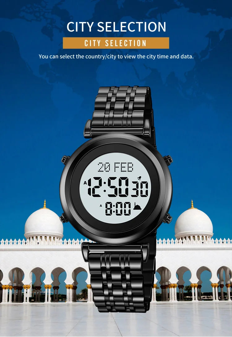 SKMEI 2139 Digital Watch Steel Muslim Azan Mens Back Light Waterproof Hijri Islamic Wristwatch Prayer Qibla Compass Alarm Clock