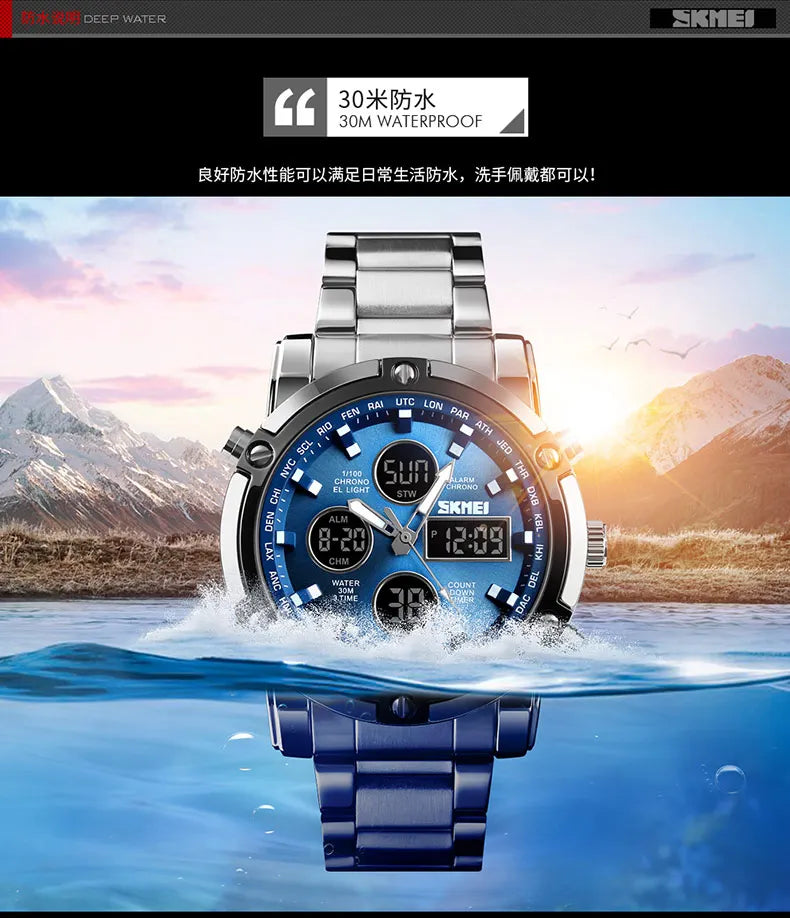 Luxury Sport Men's Quartz Watch Digital Wristwatch Waterproof Stainless Steel Male Watches Clock Relogio Masculino 1389