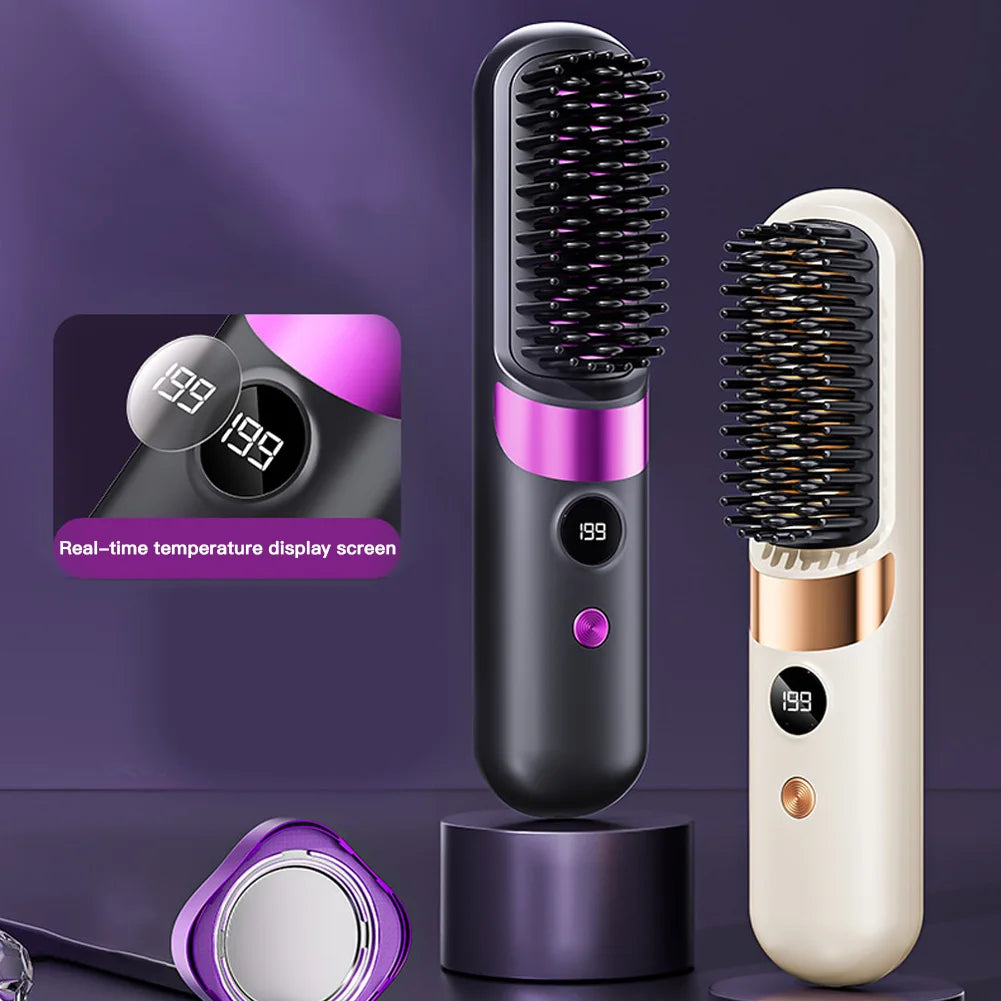 Hair Straightener Brush with LCD Display Cordless USB Charging Straightener Portable Mini Straightening Brush for Home Travel