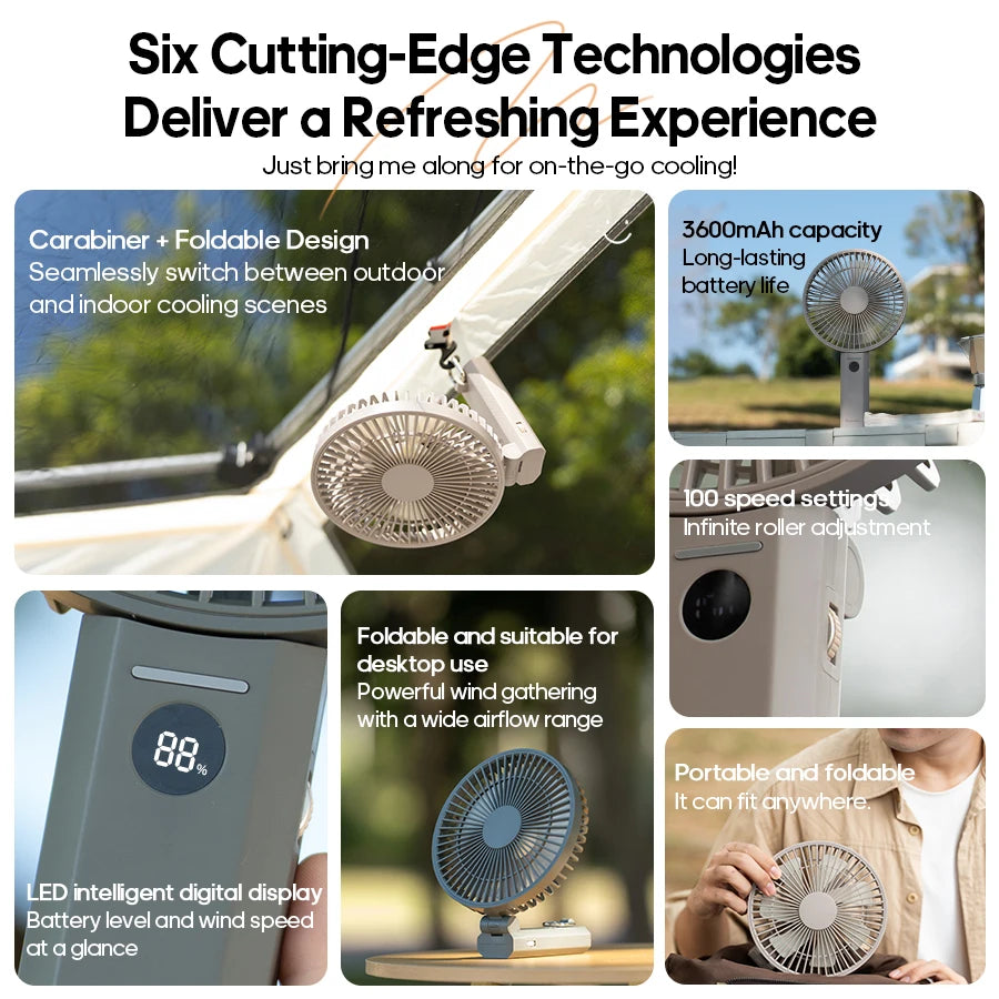 New Portable Folding Handheld Fan 3600mAh Desktop Rechargeable Fan 100-speed Wind Angle Adjustable for Home Outdoor Travel