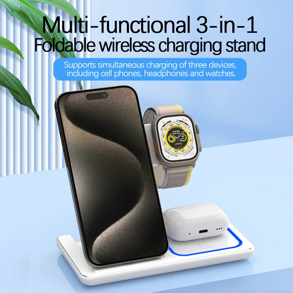 Foldable 3 in 1 Wireless Charging Station for iPhone 17-12 Pro Max, iWatch Ultra, AirPods Pro 4/3 – 15W Fast Charger Stand