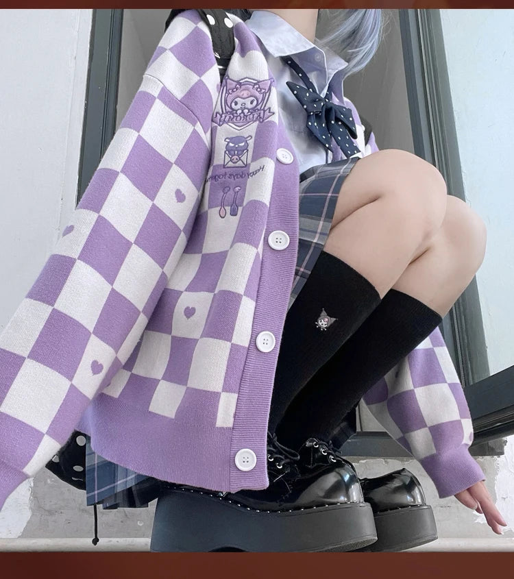 Anime Sanrioed Pompompurin Girls Cardigan Sweater Kawaii Kuromi Cinnamoroll Spring Autumn Knit Coat Loose Sweet Embroidery Tops