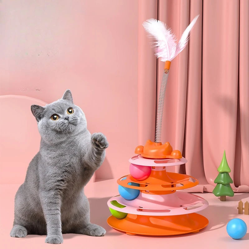 1pcs 4-Layer Cat Turntable With Fun Toy Ball And Playing Stick - Interactive Toy For Cats