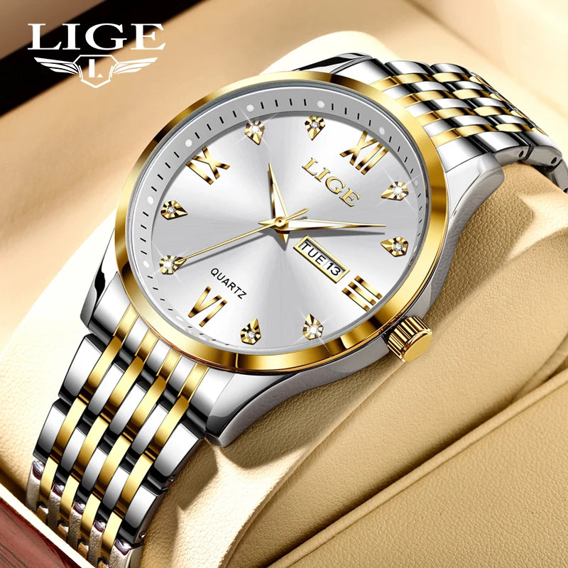 LIGE Fashion Retro Diamond Dial Casual Watches Round Stainless Steel Waterproof Luminous Clock Quartz Wristwatch for Women Gift