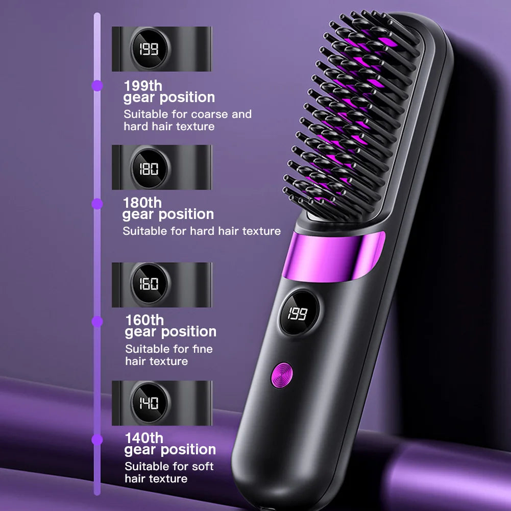 Hair Straightener Brush with LCD Display Cordless USB Charging Straightener Portable Mini Straightening Brush for Home Travel