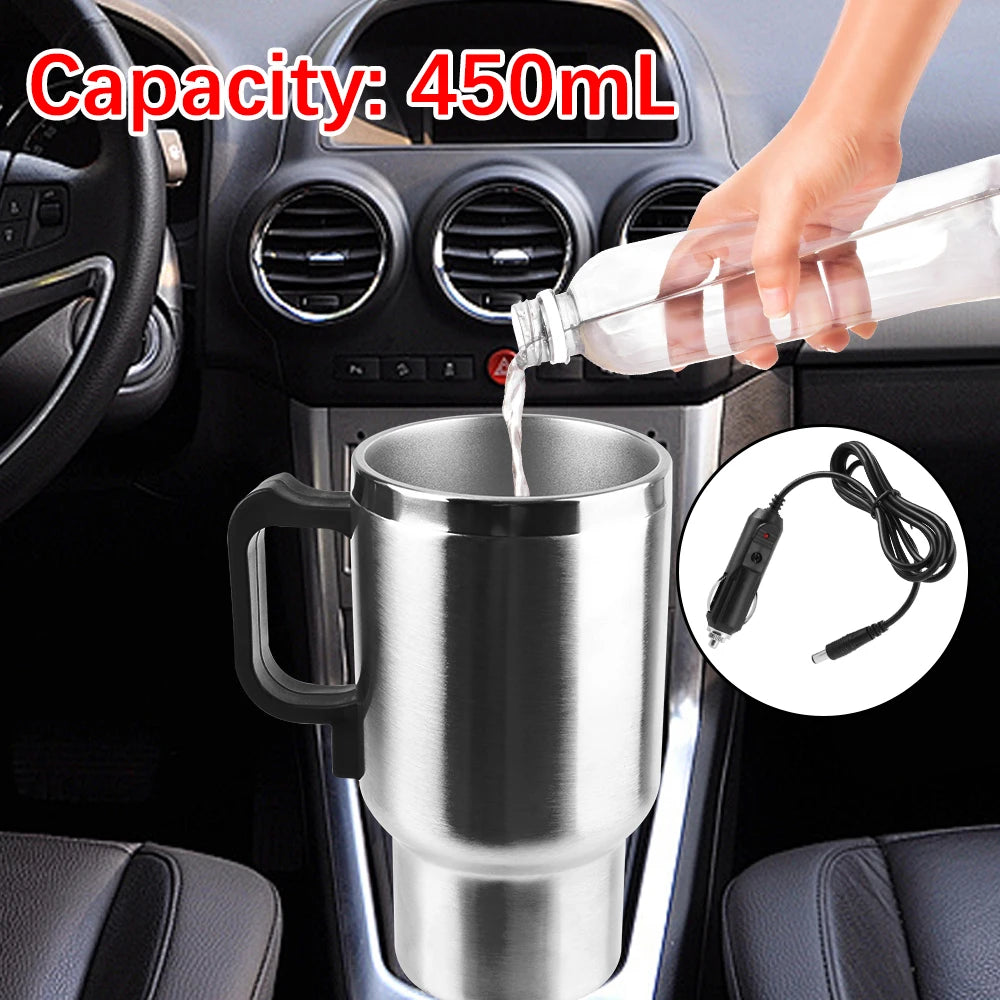 Car Electric Heating Cup Stainless Steel Camping Travel Kettle Vehicle Heating Cup Water Coffee Milk Thermal Mug 12V 450ml/300ml