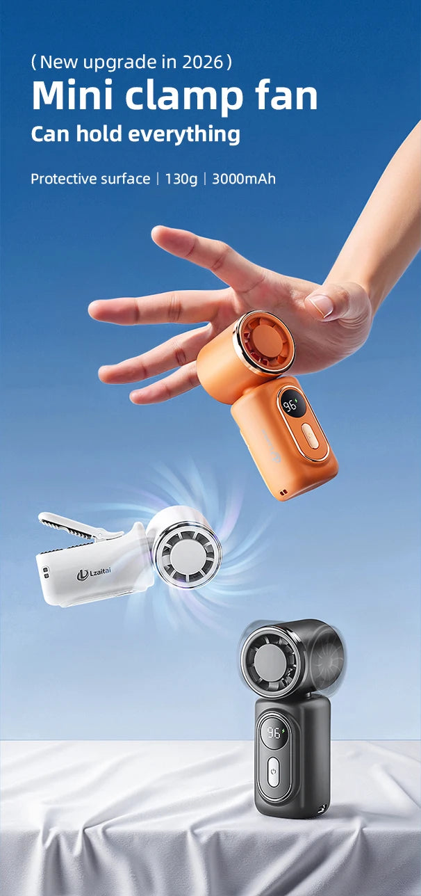 Portable Mini Fan Handheld Small Fan 5 Speed 3000mAh USB Rechargeable LED Display 180° Rotatable Clip Cooling Turbo Fans