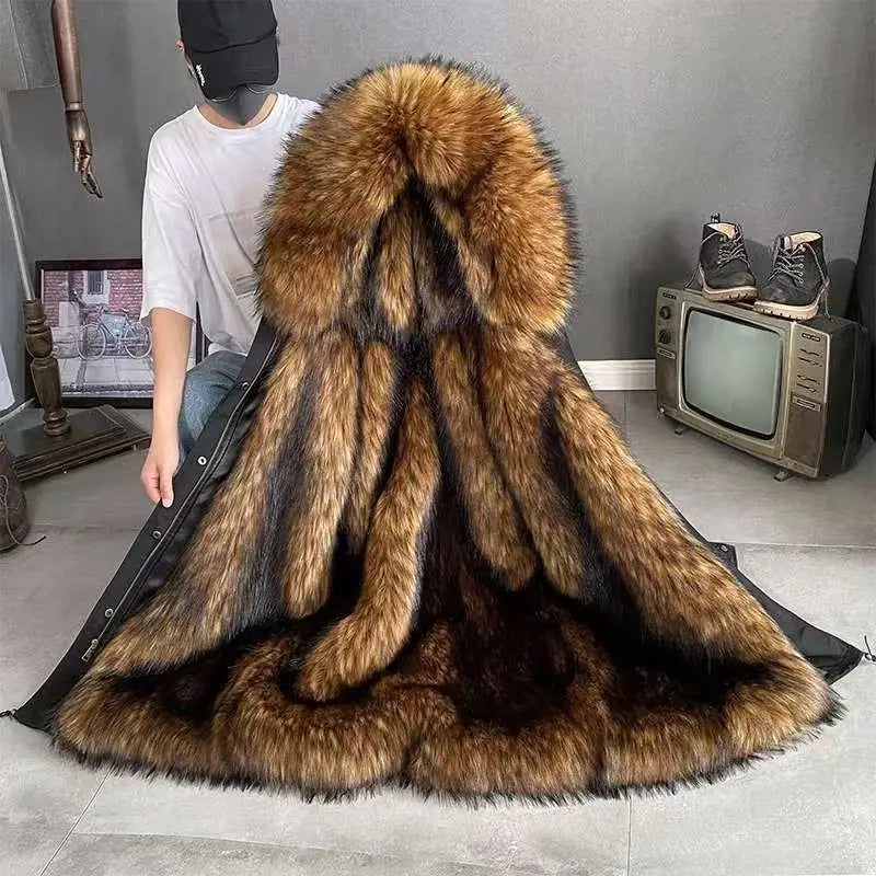 Winter Men Parka Warm Coat Men Wool Liner Jacket Long Hooded Jacket High Quality Raccoon Fur Collar