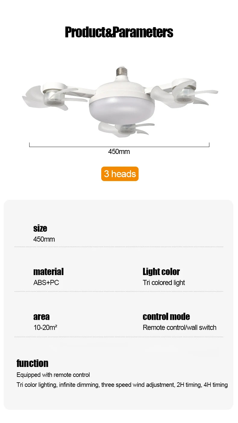 E27 LED Ceiling Fan Light with Remote Control Dimmer Function 50 60W Ceiling Light Drone Shaped Fan Light for Living Room Study