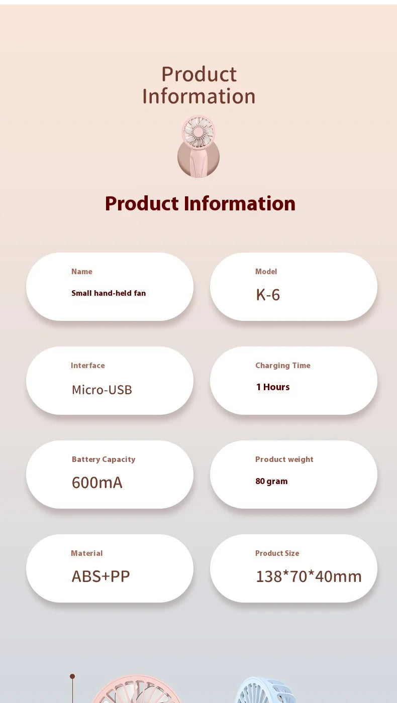 Portable Handheld Small Fan ABS Lightweight Cute Appearance USB Rechargeable Mini Fan For On Go Cooling Portable Mini Pocket Fan