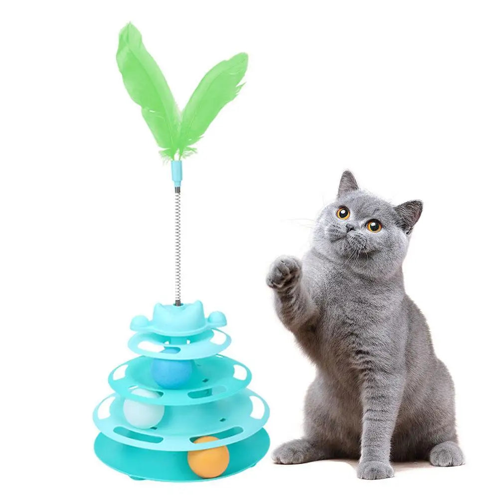Pattern Feather Cat Toy, Three-layer Rotating Tower with Ball, Indoor Cat Interactive Fun&Christmas, New Year Pet Toys