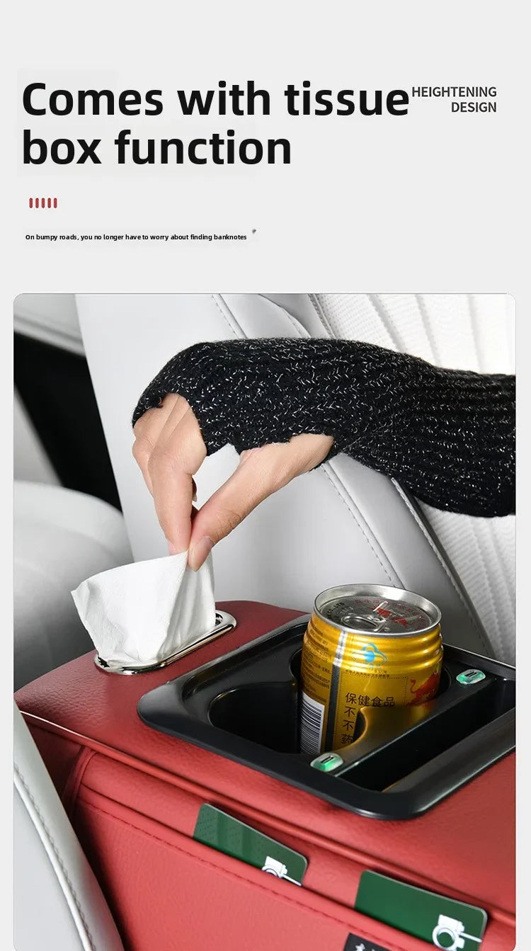 Multi-Function Car Armrest Box with USB Port - Storage Booster Pad Center Console Tissue Box And Water Cup Holder for Vehicle