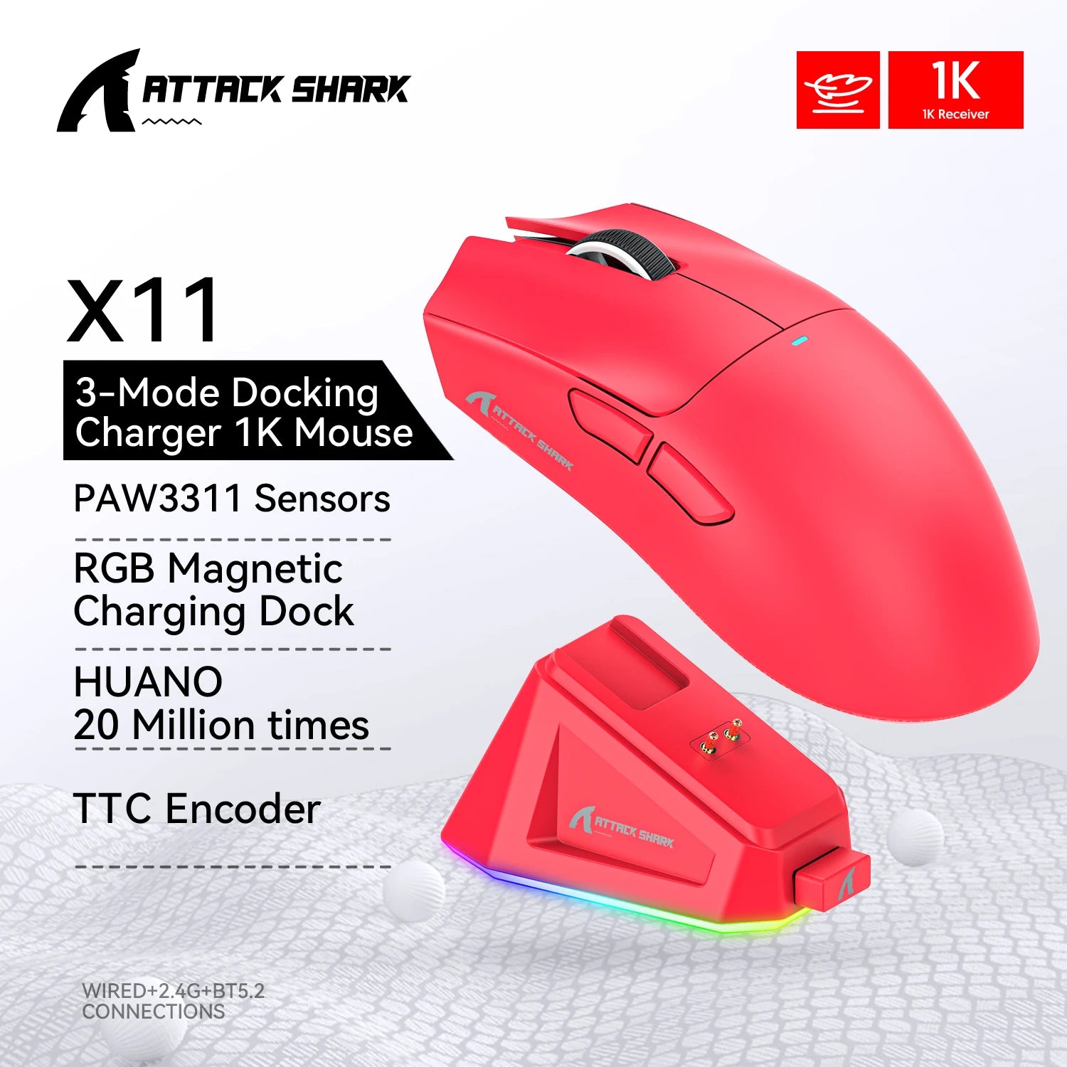 ATTACK SHARK X11 Wireless Gaming Mouse PAW3311 Sensor 22000DPI 3 Modes Wired 2.4G BT 280mAh Rechargeable Mouse