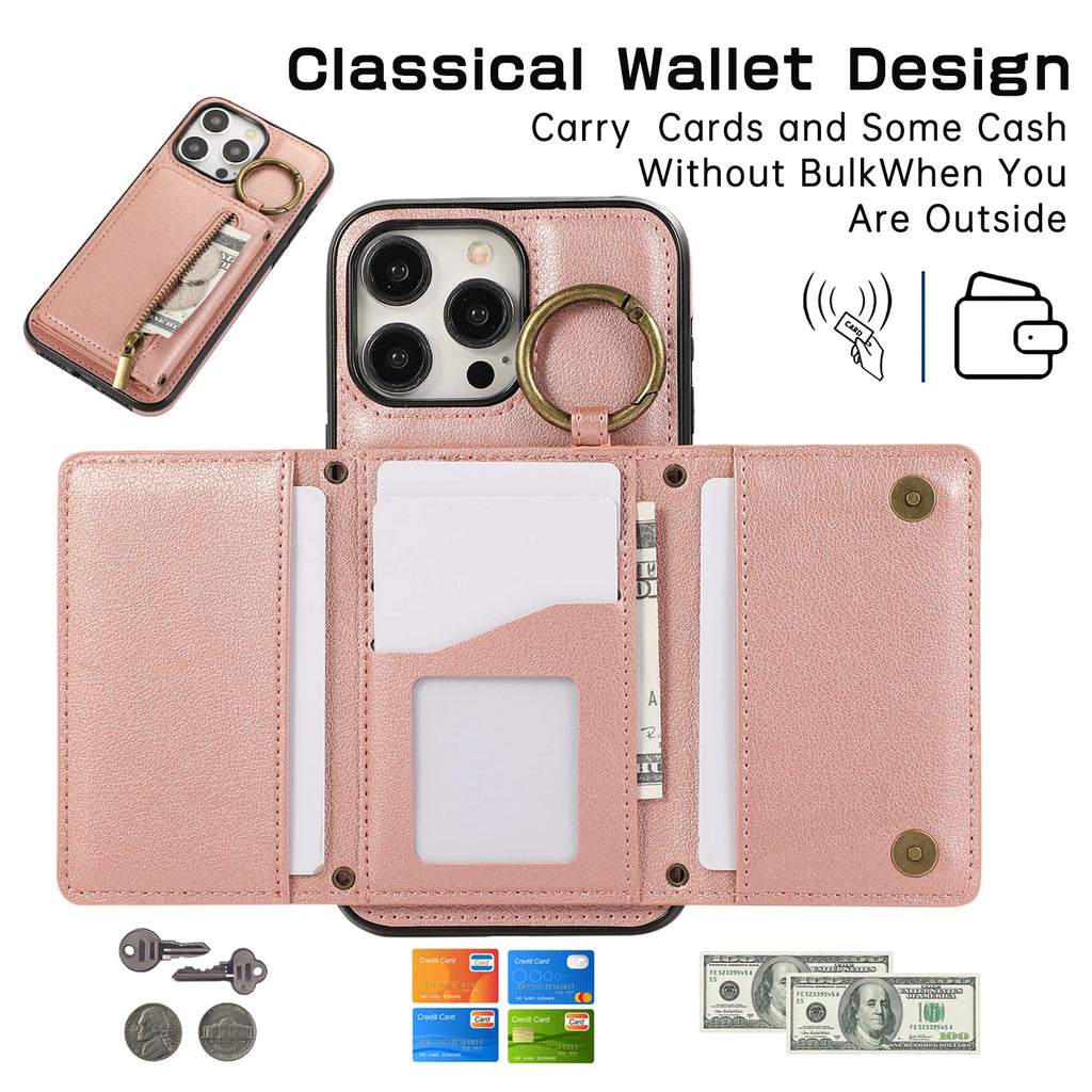 Crossbody Cards Solt Triple Wallet Leather Zipper Case For iPhone 15 16 Pro Max 14 Plus 13 12 11 XS XR SE2022 Ring Holder Cover