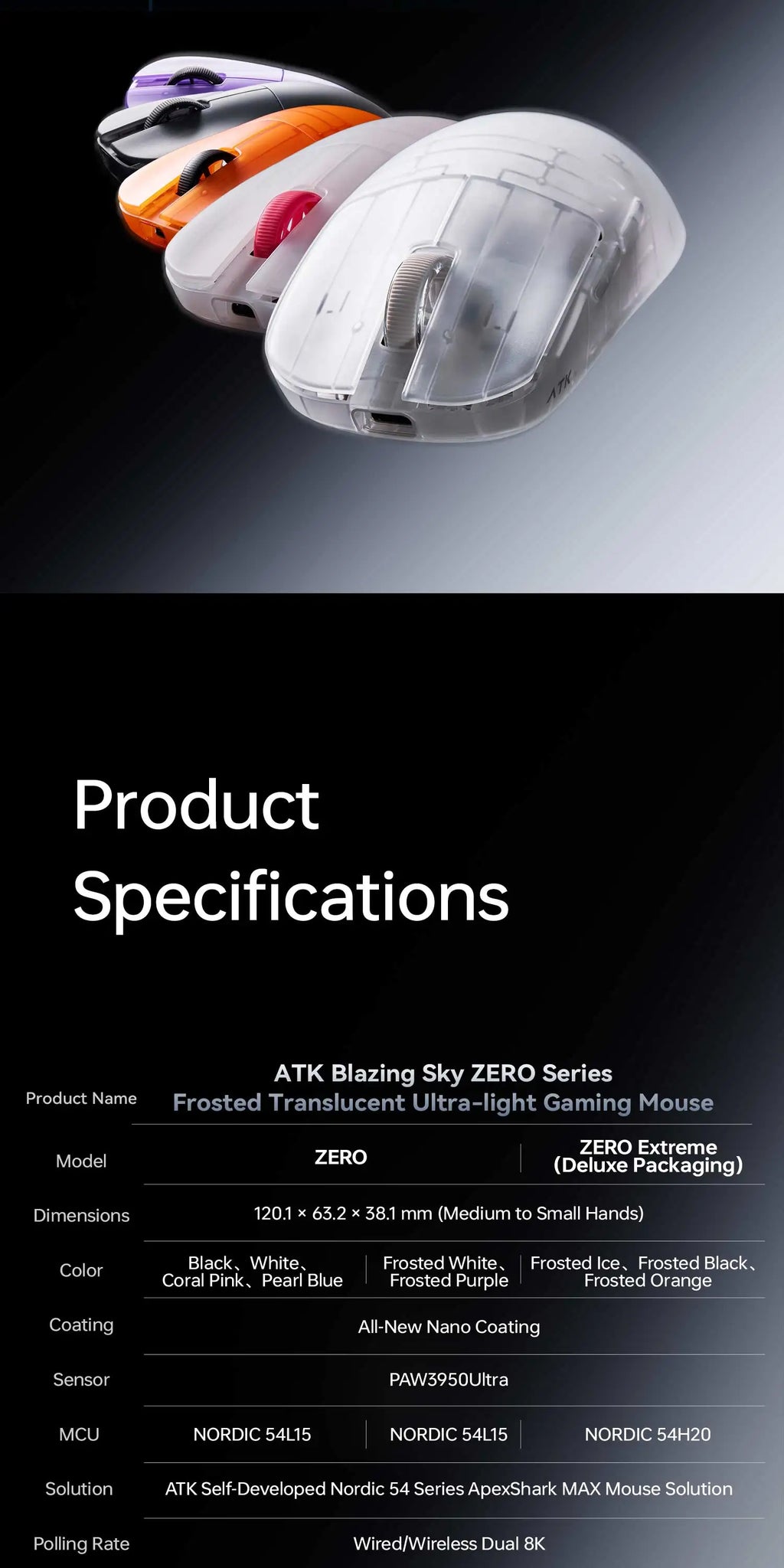 ATK Blazing Sky ZERO Ultralight Wireless Gaming Mouse Dual 8K PAW3950Ultra Transducer Wireless Mouse Ergonomic Mouse Foggy Mice