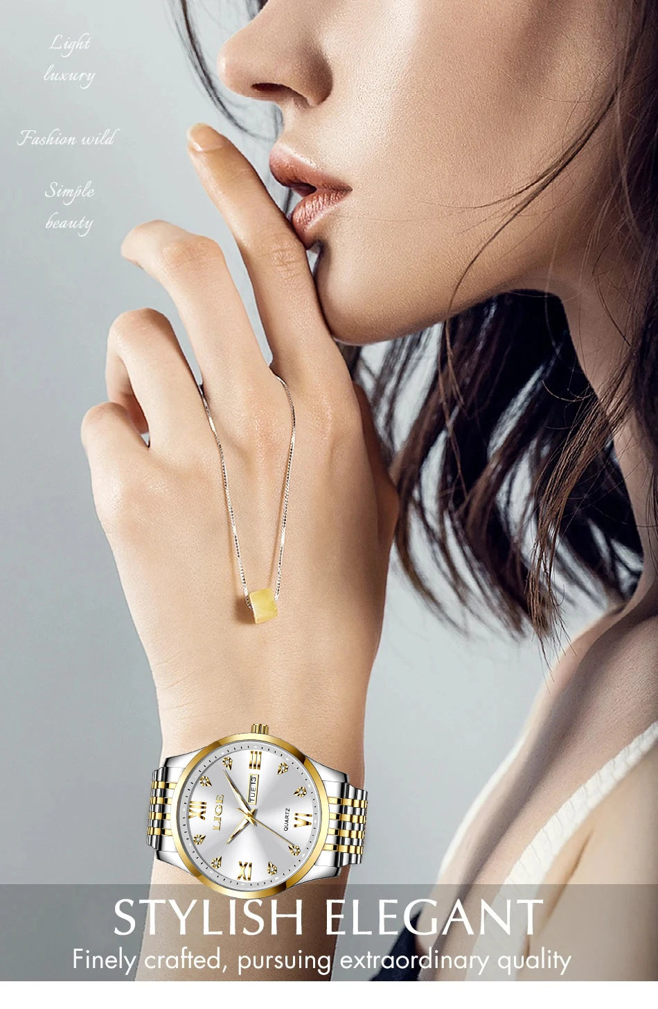 LIGE Fashion Retro Diamond Dial Casual Watches Round Stainless Steel Waterproof Luminous Clock Quartz Wristwatch for Women Gift