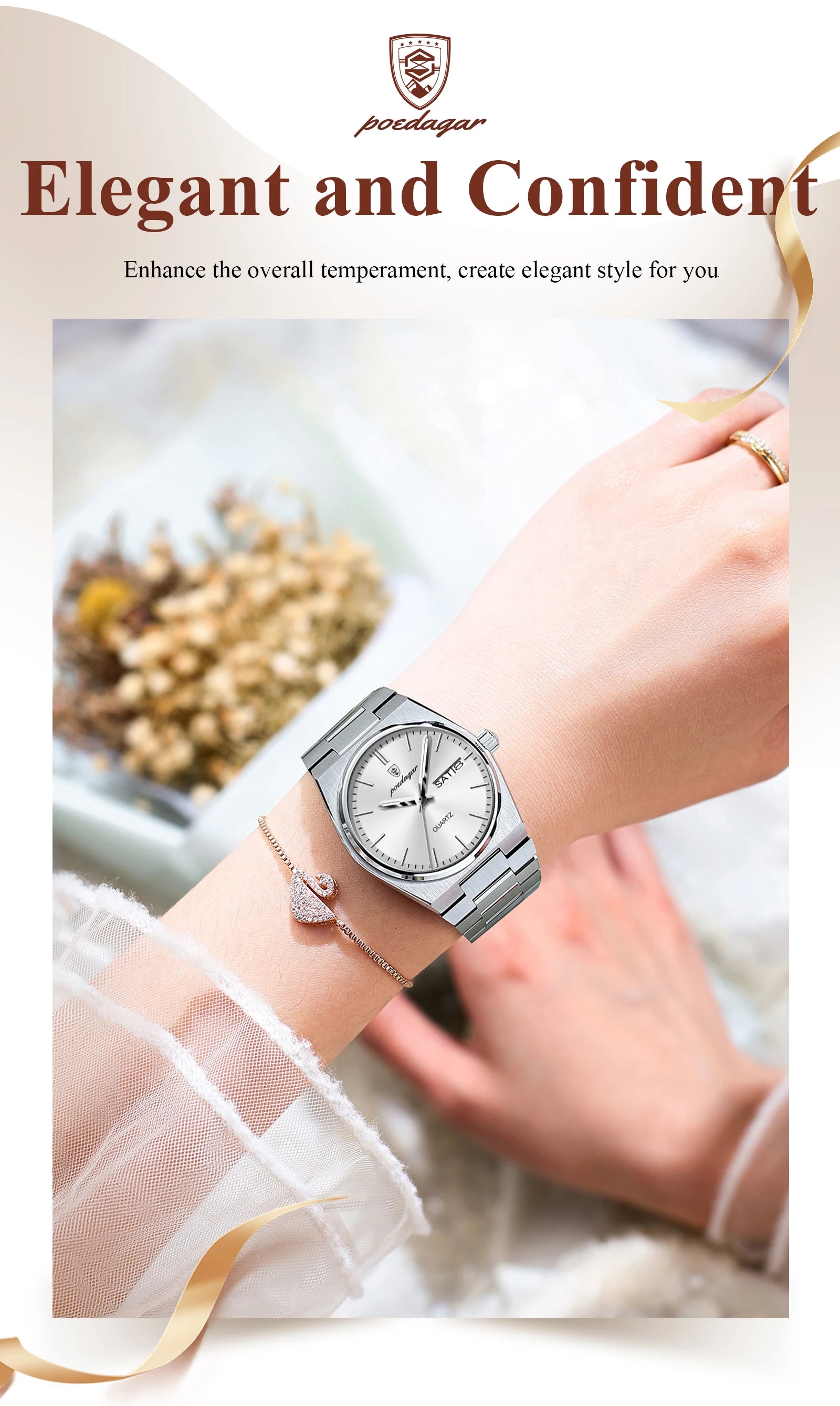 POEDAGAR Exquisite Watches For Women Waterproof Luminous Date Week Ladies Watch Stainless Steel Luxury Woman's Quartz Wristwatch