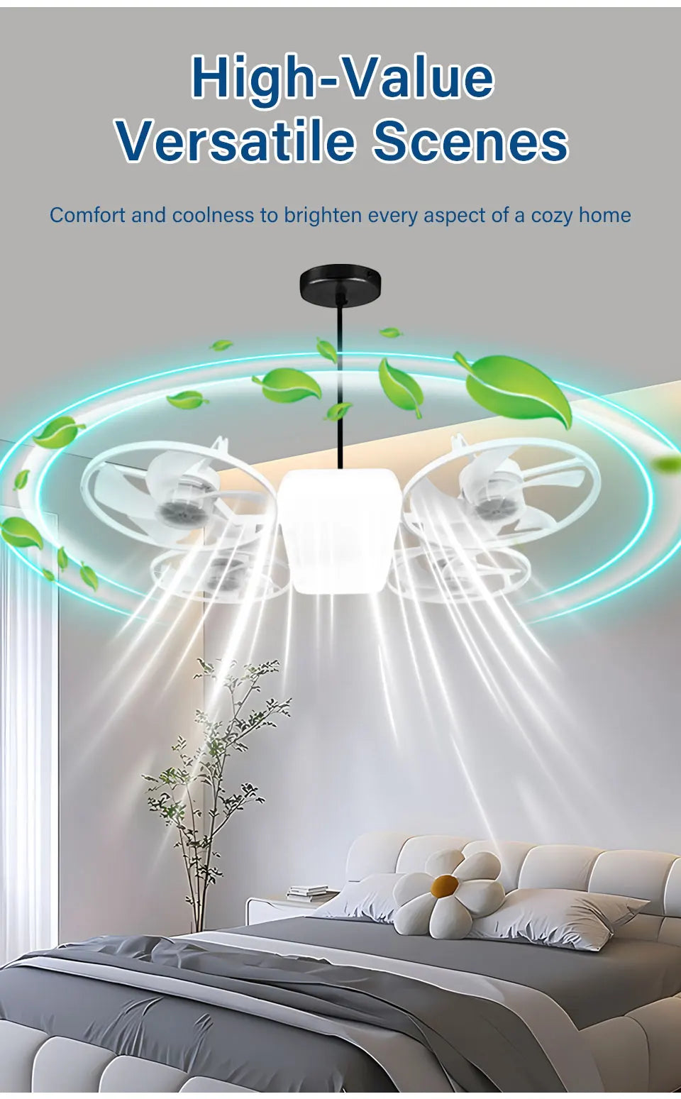 2 in 1 LED E27 Ceiling Fan Light AC 110-220V with Remote 3 Color Temp 3 Speeds Dimmable Adjustable for Bedroom Home Restaurant