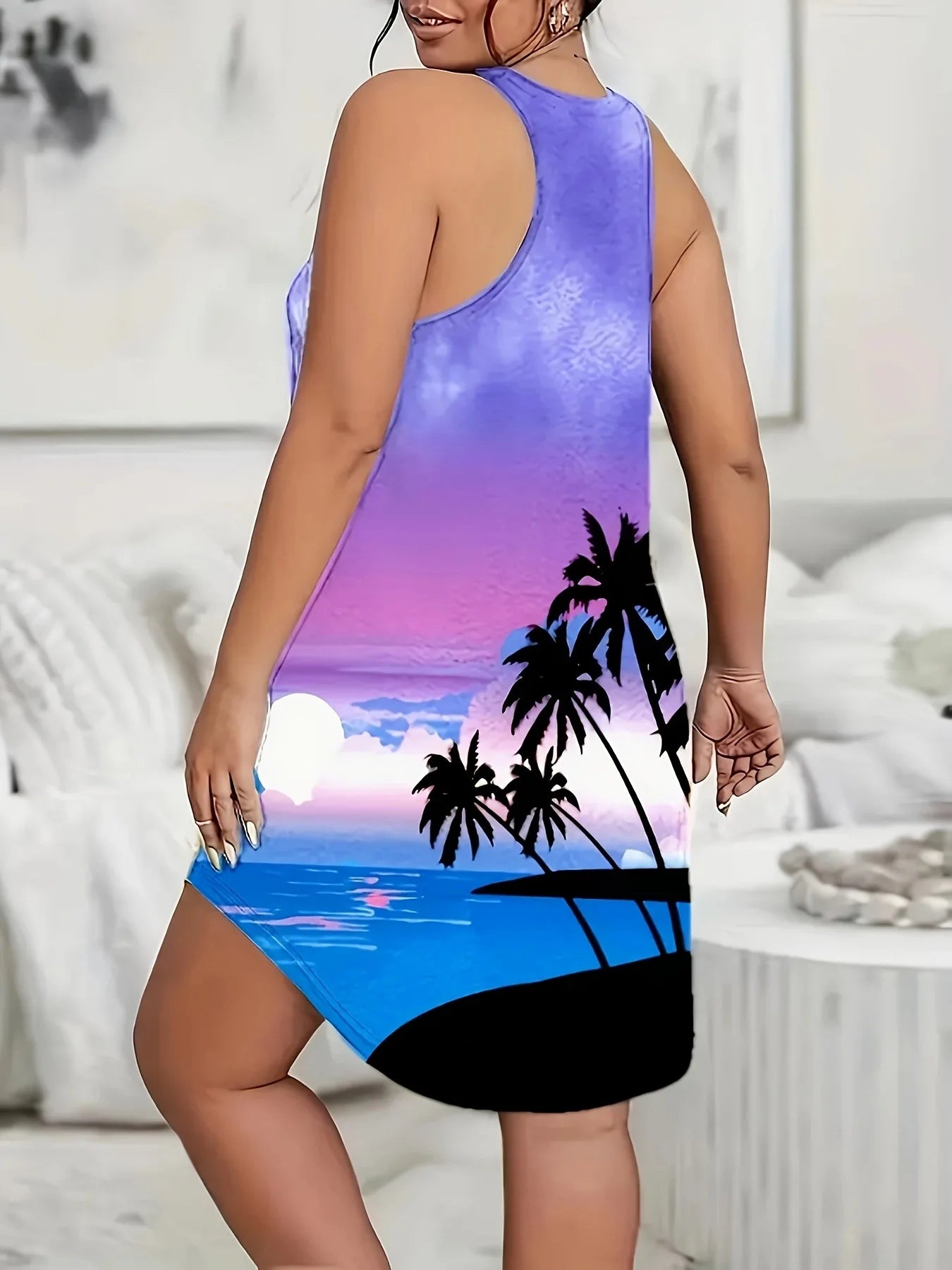 Plus Size Summer new plus size women's sexy 3D printed mini dress, women's sleeveless dress