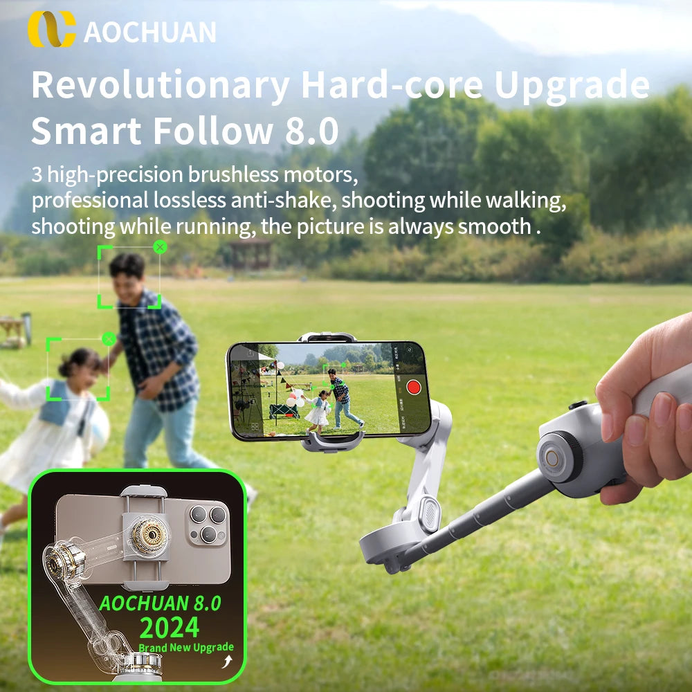 Smart handheld gimbal featuring AI face tracking and tripod combo."