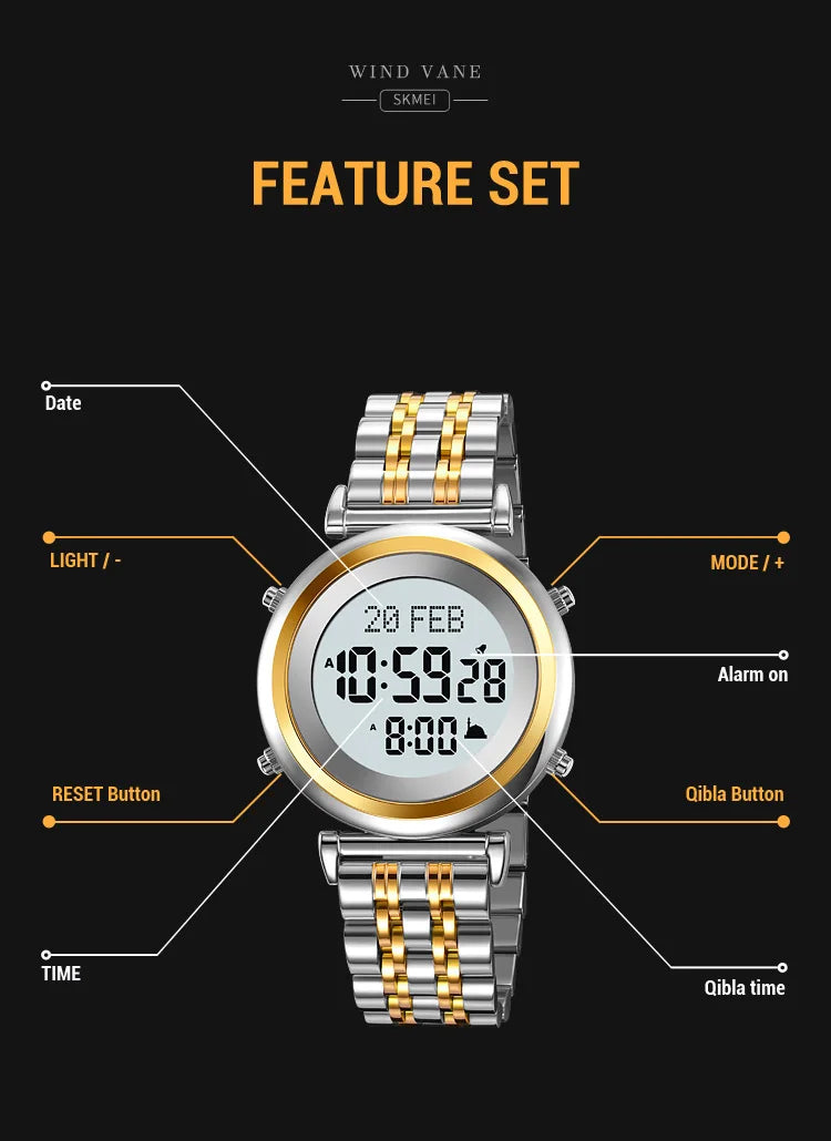 SKMEI 2139 Digital Watch Steel Muslim Azan Mens Back Light Waterproof Hijri Islamic Wristwatch Prayer Qibla Compass Alarm Clock