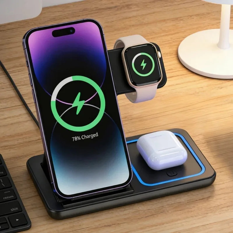 For IPhone 17 16 15 14 13 12 Pro Max IWatch 11 Airpods Pro Fast Charger Stand Dock Foldable 3 in 1 30W Wireless Charging Station