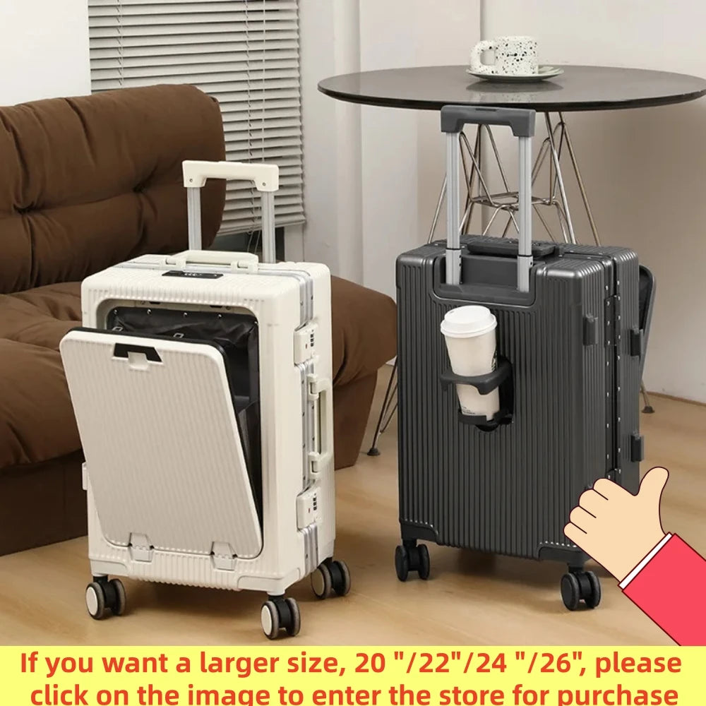 Suitcase Front Opening Pocket Aluminum Alloy Frame Rolling Luggage 18" Carry On Boarding Travel Trolley Bags with Spinner Wheel