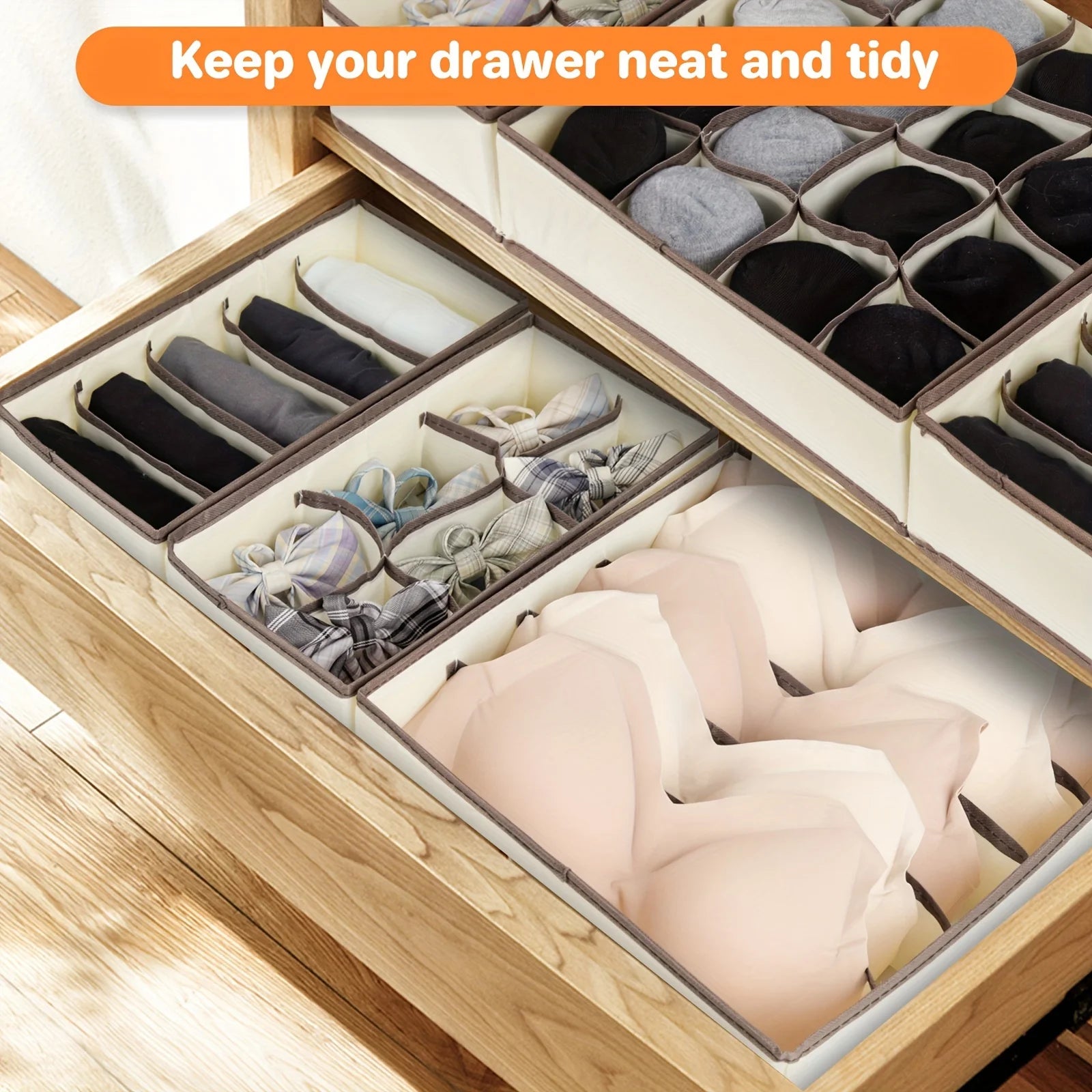 Foldable Fabric Storage Box with 24 Compartments Stackable Organizer for Socks Ties Underwear Space-Saving Drawer Divider