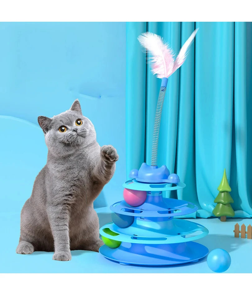 Interactive Cat Toy Tower Kitten Turntable Track Roller Balls Toys With Feather Pets Training Supplies Toy For Cat Tower