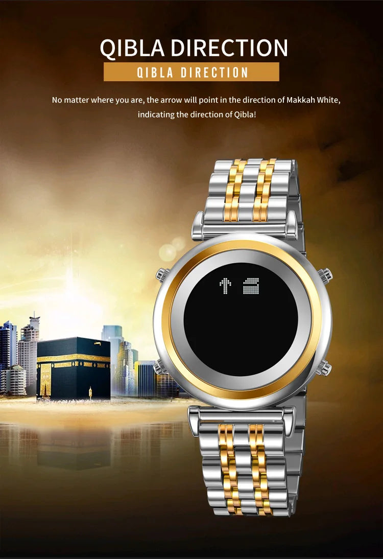 SKMEI 2139 Digital Watch Steel Muslim Azan Mens Back Light Waterproof Hijri Islamic Wristwatch Prayer Qibla Compass Alarm Clock