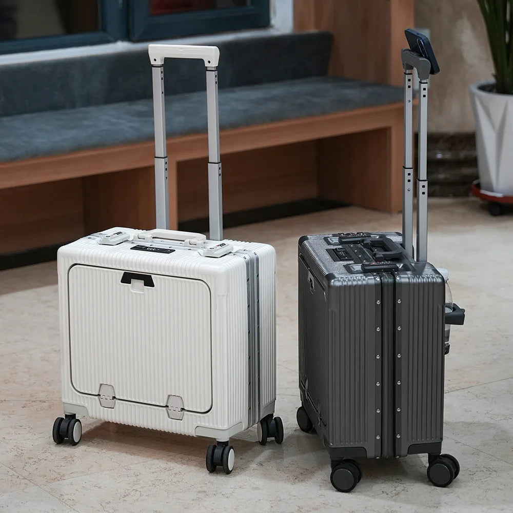 Suitcase Front Opening Pocket Aluminum Alloy Frame Rolling Luggage 18" Carry On Boarding Travel Trolley Bags with Spinner Wheel