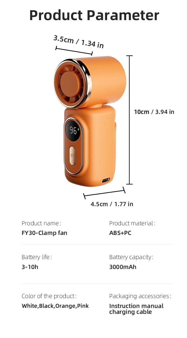 Portable Mini Fan Handheld Small Fan 5 Speed 3000mAh USB Rechargeable LED Display 180° Rotatable Clip Cooling Turbo Fans