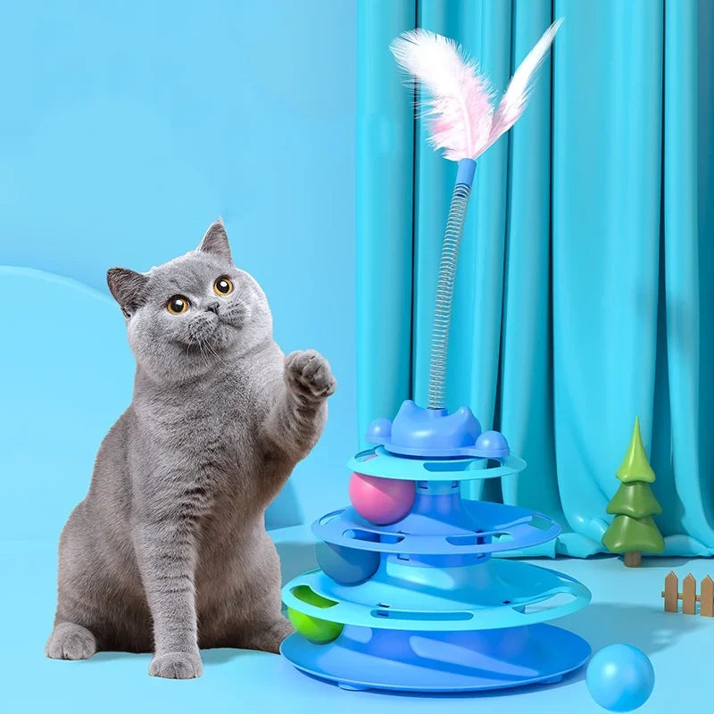 1pcs 4-Layer Cat Turntable With Fun Toy Ball And Playing Stick - Interactive Toy For Cats