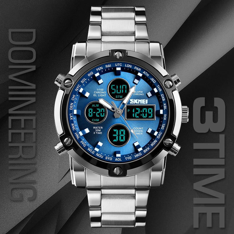 Luxury Sport Men's Quartz Watch Digital Wristwatch Waterproof Stainless Steel Male Watches Clock Relogio Masculino 1389