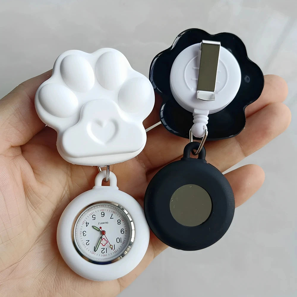 Colourful Retractable Badge Reel Nurse Doctor Lovely Cat Claw Footprints Pocket Watches medical hospital Gift Watch for women
