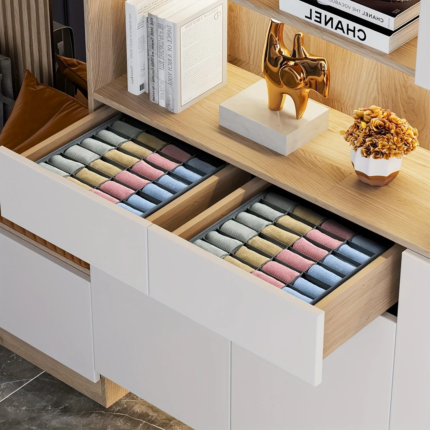 Foldable Fabric Storage Box with 24 Compartments Stackable Organizer for Socks Ties Underwear Space-Saving Drawer Divider