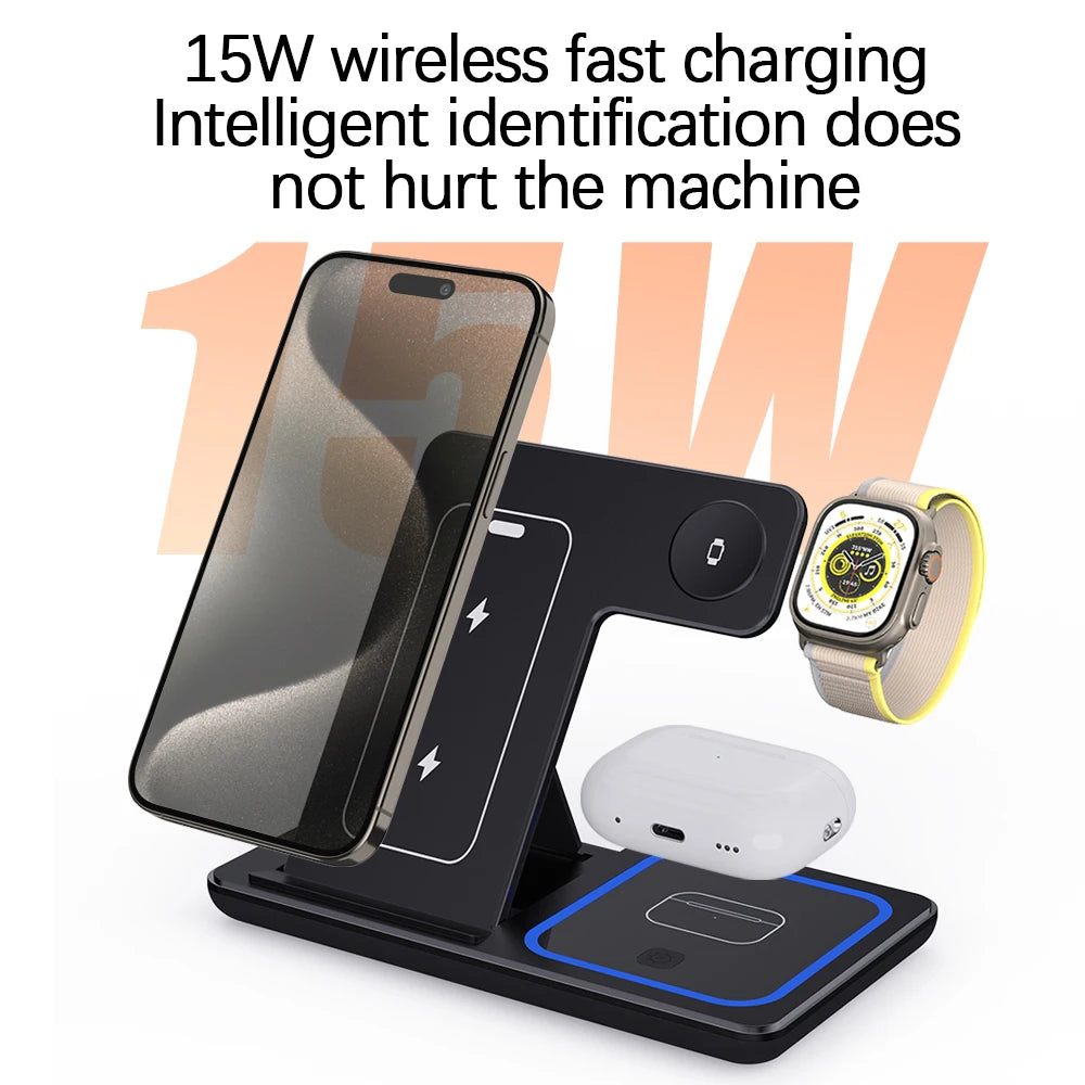 Foldable 3 in 1 Wireless Charging Station for iPhone 17-12 Pro Max, iWatch Ultra, AirPods Pro 4/3 – 15W Fast Charger Stand