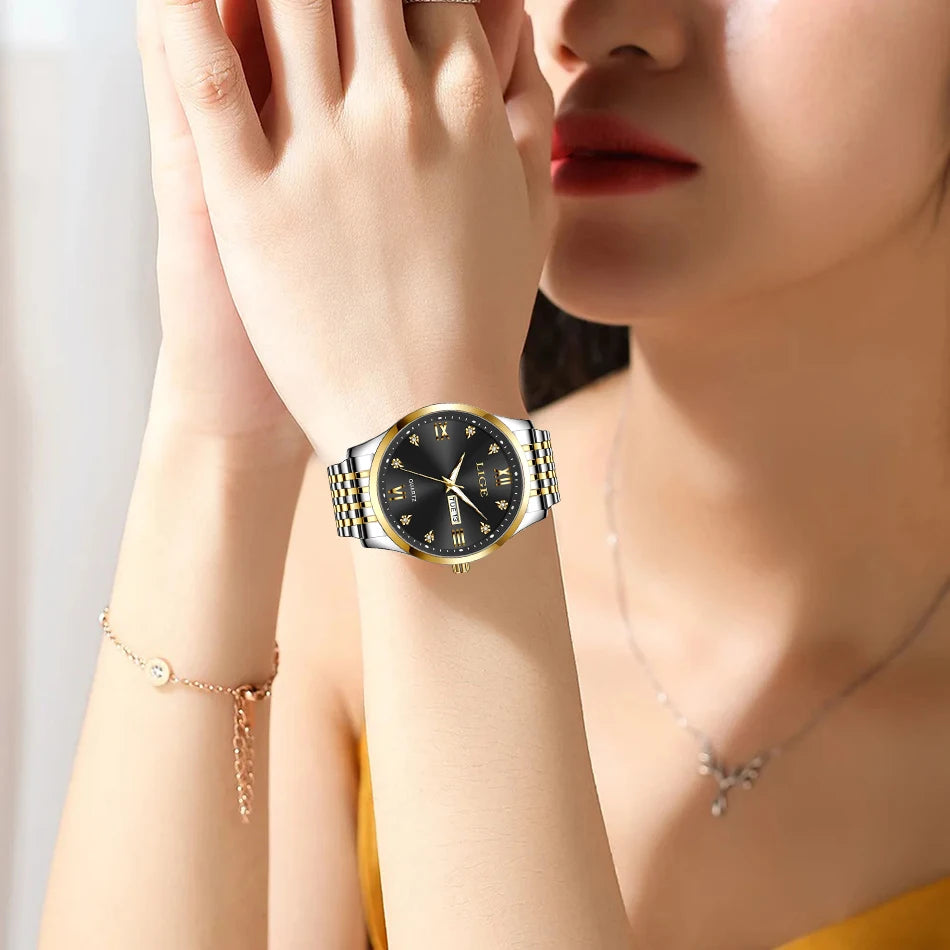 LIGE Fashion Retro Diamond Dial Casual Watches Round Stainless Steel Waterproof Luminous Clock Quartz Wristwatch for Women Gift