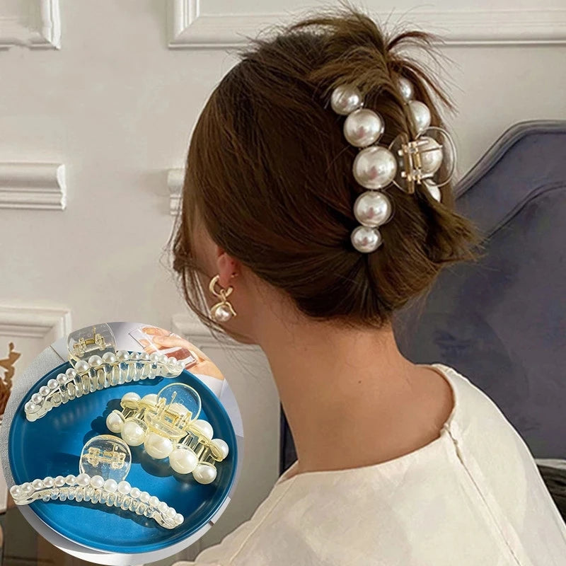 Elegant Imitation Pearl Hairpins Korean Geometric Hair Claws for Women Shark Clip Back Head Hair Clip Barrettes Hair Accessories