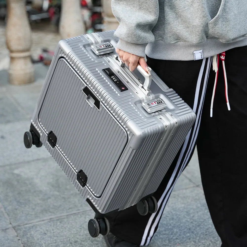 Suitcase Front Opening Pocket Aluminum Alloy Frame Rolling Luggage 18" Carry On Boarding Travel Trolley Bags with Spinner Wheel