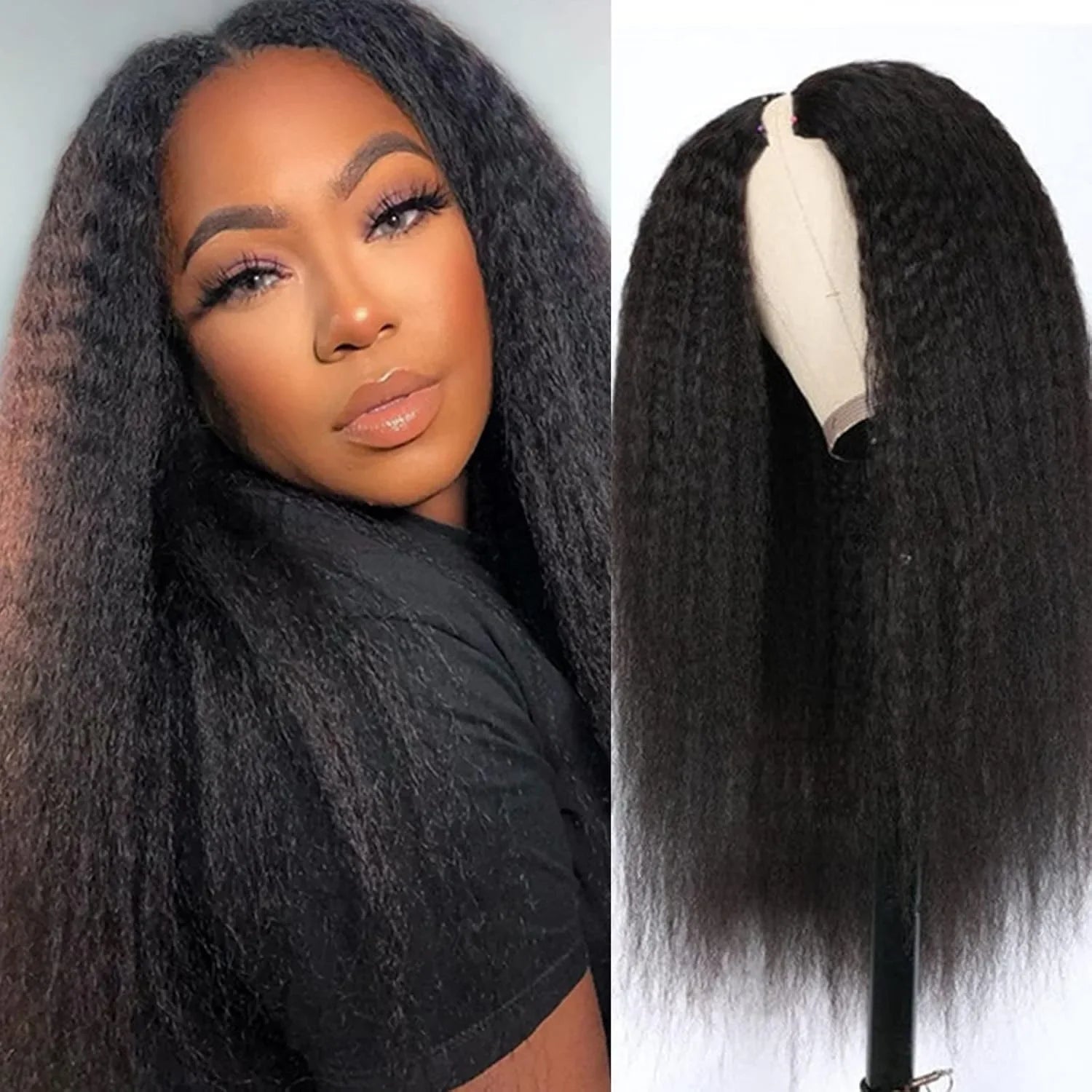 V Part Kinky Straight Wig Human Hair 220% Density 32 40 Inch V Shape Clip in Half Wigs No Leave Out No Sew In Wig Natural Color